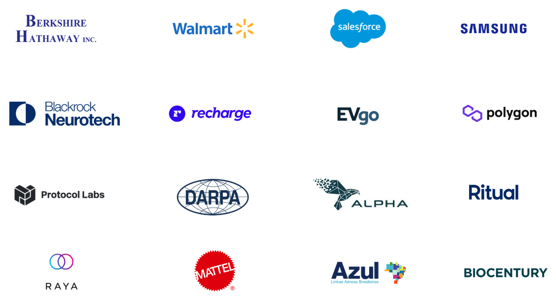 AE Studio client logos: Berkshire Hathaway, Walmart, Salesforce, Samsung, Blackrock Neurotech, Recharge, EVgo, Polygon, Protocol Labs, DARPA, Alpha, Ritual, Raya, Mattel, Azul, BioCentury